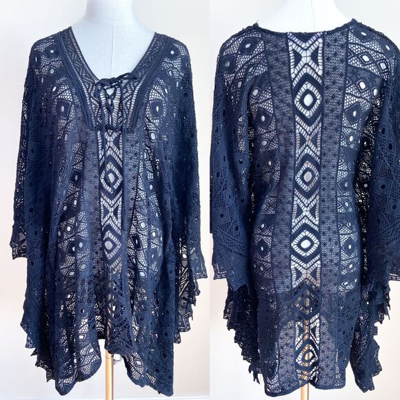 Jen's Pirate Booty Bohemian Allover Black Crochet Lace Coverup Shawl Goth Grunge - Picture 1 of 7